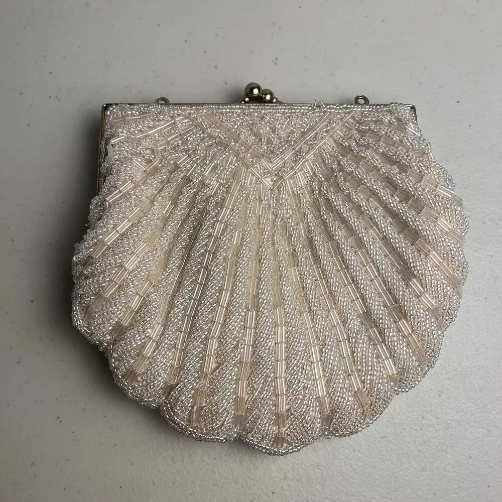 Cream Beaded Kiss Lock Clutch Evening Bag Vintage Retro Mid Century Handbag